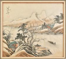 Jelzett japán selyemkép. XX. sz. eleje. Üvegezett keretben 40x34 cm