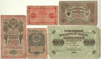 Orosz Birodalom 1905. 3R + 1909. 10R + 1917. 1000R + Szovjetunió 1918. 10R + 1947. 1R T:III- Russian Empire 1905. 3 Rubles + 1909. 10 Rubles + 1917. 1000 Rubles + Soviet Union 1918. 10 Rubles + 1947. 1 Rubles C:VG