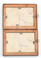 2 db régi, üvegezett fa képkeret, benne megírt tábori posta képeslapokkal (s: Bansi), 17x12 cm, látható méret: 13x8 cm