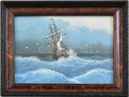 Régi, üvegezett fa képkeret, benne olvashatatlan jelzésű festménnyel (Vitorlás hajó a tengeren, tempera, karton, 11x15 cm), külső méret: 14x18 cm