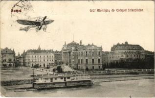 1910 Szeged, Gróf Montigny és Croquet fölszállása, repülőgép. Grünwald Herman kiadása (EK)