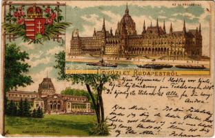 1896 (Vorläufer!) Budapest, Margitszigeti fürdőház, új országház. Magyar címer, Art Nouveau, floral, litho (EK)