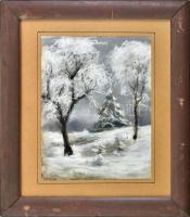 Bertalan Rózsa (1900-1987): Téli táj, 1930-as évek. Pasztell, papír, jelzés nélkül, balra lent autográf felirattal és datálással, 28x21,5 cm, üvegezett fakeretben