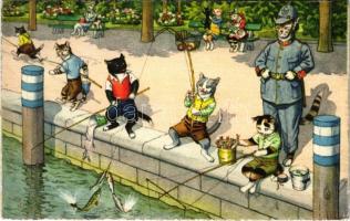 1957 Horgászó macskák és rendőrmacska / Cats are fishing, policecat. Max Künzli No. 4742. (EK)