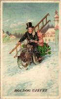 Boldog újévet! Kéményseprő motorbiciklin malaccal / New Year greeting, chimney sweeper on motobike with a pig. Pittius litho (Rb)