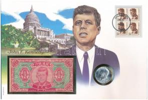 Amerikai Egyesült Államok John F. Kennedy érmés és bankjegyes felbélyegzett boríték, bélyegzéssel, német leírással, benne 1968. 1/2$ Ag Kennedy érmével és 1.000.000 égetési pénzzel (Hell banknote) T:1,I- patina USA John F. Kennedy coin and banknote envelope with stamp, cancellation, a prospectus in german, in it 1968. 1/2 Dollar Ag Kennedy and 1.000.000 Hell banknote C:UNC,AU patina
