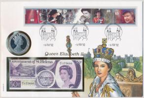Szent Ilona sziget 1979 II Erzsébet királynő 50p bankjegy + 1C Cu-Ni érme felbélyegzett borítékban, bélyegzéssel T:I St. Helena (1979) Queen Elizabeth II. 50 Pence banknote + 1Crown Cu-Ni coin in envelope with stamp and cancellation C:UNC
