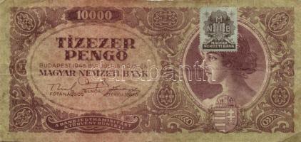 1945. 10.000P zöld alapnyomat erősen a címerbe csúszva + támpéldány T:II/III,III