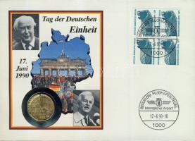 NSZK 1989. 1M fél NDK-s, fél NSZK-s 1M-ból, aranyozva "Német egység napja" érmés borítékon, bélyeg négyestömbbel T:1