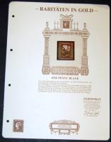 Nagy-Britannia 1840. Fekete 1P modern aranyfóliás kiadásban, ismertető tanúsítvánnyal! Csak 9999db! Great Britain 1840. one Penny Black gold foil stamp with certificate and description. Mintage 9999pcs