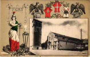 1917 Pola, Pula; La Basilica e il Campanile / basilica, bell tower. Italian patriotic propaganda with coat of arms, Art Nouveau
