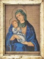Gyöngyhímzéses Mária a gyermek Jézussal fali kép, üvegezett keretben, 24,5×17 cm