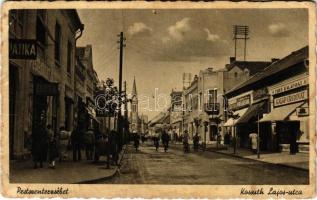 1943 Budapest XX. Pestszenterzsébet, Pesterzsébet, Erzsébetfalva; Kossuth Lajos utca, Frey kalapház, Élővirág, hentes és mészáros, festék üzlet, patika, gyógyszertár (fa)