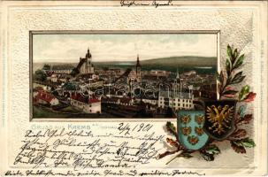 1901 Krems an der Donau, general view. Phot. u. Verlag der Papierhandlung Joh. Baska. Passepartoutkarte. Art Nouveau, floral, Emb. litho with coat of arms