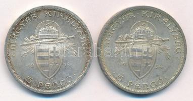 1938. 5P Ag "Szent István" (2x) T:1-,2 patina Adamo P8.1