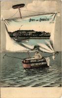1906 Gmunden, Gruss aus Gmunden... Unsere Zukunft liegt auf dem Wasser Montage with child in boat (EK)