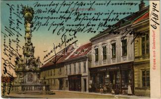 1912 Zistersdorf, Hauptstrasse / main street, Holy Trinity statue, shop of Johann Kowarik (b)
