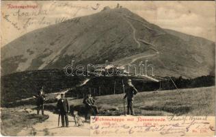 1905 Krkonose, Riesengebirge, Karkonosze; Schneekoppe mit Riesenbaude / Snezka / Sniezka / mountain, tourists (tear)