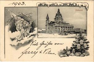 1903 Budapest V. Bazilika télen. karácsonyi üdvözlőlap