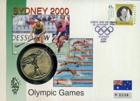 Ausztrália 2000. 5$ "Sidney-i olimpia" bélyeges érmés borítékon elsőnapi bélyegzővel, hátoldali ismertető tanúsítvánnyal T:BU