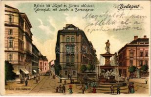 1901 Budapest VIII. Kálvin tér, József és Baross utca, villamos, gyógyszertár, szökőkút. litho
