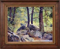 Haulisch Gusztáv (?-?): Erdőrészlet sziklákkal. Olaj, vászon, kartonra kasírozva, jelzett. Dekoratív fakeretben, 18,5×24 cm