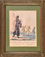 Bikkessy Heinbucher József (1767-1833): Egy Magyar Verbunkos-Dudás. Színezett rézmetszet, papír. Dekoratív, üvegezett fakeretben, 23,5×17 cm