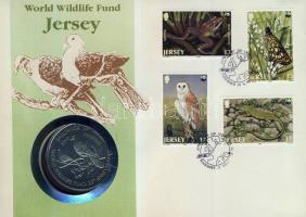Jersey 1987. 2Ł "Állatvédelmi Alapítvány-galamb" érmés borítékon teljes bélyegsorral, elsőnapi bélyegzővel, hátoldali ismertetővel T:BU