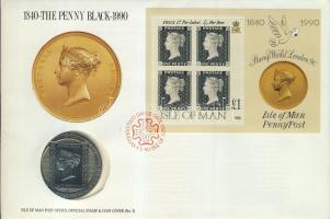 Man-sziget 1990. 1C "Penny Black" érmés borítékon bélyegblokkal, elsőnapi bélyegzővel T:BU