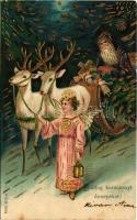 1903 Boldog karácsonyi ünnepeket! / Christmas greeting art postcard with Saint Nicholas, reindeer sleigh and angel. M.S.i.B. Emb. litho (Rb)