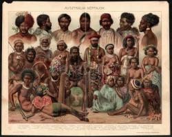 cca 1896 Népfajok (amerikai, afrikai, ausztráliai, ázsiai), 4 db nyomat, papír, Pallas Nagy Lexikona...