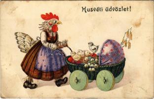 Húsvéti üdvözlet / Easter greeting art postcard, chicken with baby carriage. O.G.Z.-L. 2036. litho (EB)