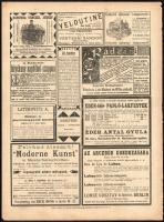 1888-ban megjelent reklámok, hirdetések, 9 kétoldalas lap az Ország Világ-ból, részben illusztrált, többek közt Margisztigeti Gyógyfürdő, Mattoni Erzsébet-Sósfürdője, Richter féle Horgony-Épító-Szekrények, lapok széle helyenként kissé szakadt, részben kissé foltos. 39x28,5 cm