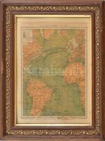 cca 1890-1900 Atlantischer Ocean / Az Atlanti-óceán térképe. 1 : 53.000.000. Leipzig, F. A. Brockhaus. Szélein körbevágva, kartonra ragasztva. Dekoratív, kissé kopott, üvegezett fa keretben, 29,5x21,5 cm (keret: 43x34 cm)