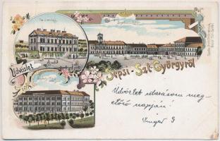 1898 (Vorläufer) Sepsiszentgyörgy, Sfantu Gheorghe; Fiú árvaház, Szabadság tér, piac, Székely Mikó kollégium. Benkő M. kiadása / boy orphanage, square, market, Calvinist boarding school. Art Nouveau, floral, litho (fa)