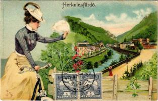 1911 Herkulesfürdő, Baile Herculane; Kerékpáros hölgy. R. Krizsány kiadása / spa, lady on bicycle. Art Nouveau, floral, litho s: M. S.-M. (EB)