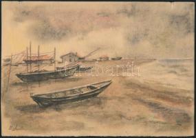 Sostarics Lajos (1896-1968): Tengerpart hajókkal, akvarell, papír, jelzett, 16,5×24 cm
