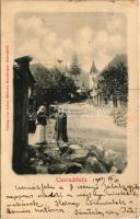 1903 Csernátfalu, Cernat, Cernatu (Négyfalu, Sacele); utca, templom. Julius Müller utóda kiadása / street view, church (EK)