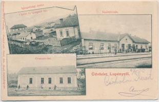 1903 Lupény, Lupeni; Vasútállomás, Grausam-ház, Kaszinó és igazgatói lak, igazgatósági épület. Grausam József saját kiadása. Honisch udvari fényképész felvétele / railway station, casino, directorate office, publishers house (EB)