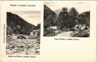 Petrozsény, Petrosany, Petrosani; részlet a szurduki szorosból, Kőhíd és Őrház, Pajus fővám a román részen. Grausam Károly kiadása / Pasul Surduc / mountain pass, Hungarian-Romanian border station, stone bridge, guardhouse, customs office on the Romanian side (EK)