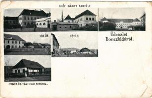 1909 Bonchida, Bontida; Gróf Bánfy (Bánffy) kastély, Fő tér, posta és távirda hivatal / castle, main square, post and telegraph office + BESZTERCZE - DEÉS 114. SZ. A vasúti mozgóposta bélyegző (b)