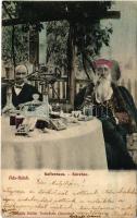 1905 Ada Kaleh, Kaffeehaus / Kávéház, vízipipázó török. Müller Testvérek kiadása / café, Turkish man smoking a hookah (r)