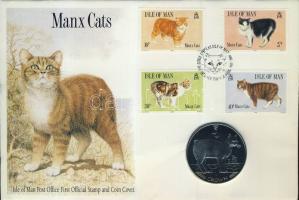Man-sziget 1988. 1C "Manx macska" érmés borítékon teljes bélyegsorral, elsőnapi bélyegzővel, ismertető tanúsítvánnyal T:BU