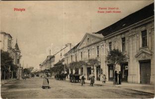 Pöstyén, Piestany; Ferenc József út, üzletek. Kaiser Ede kiadása / Franz Josef-Strasse / street view, shops (r)