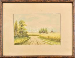 Kovács A jelzéssel: Alföldi tanya, 1932. Akvarell, papír. Dekoratív, üvegezett, kissé kopott fakeretben, 13,5x20,5 cm