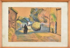 Nyergesi János (1895-1982): Színekben pompázó utca. Akvarell, papír, jelzett. Üvegezett fakeretben. 22,5x31 cm