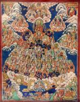 XX. század. Tibeti kép. Tsog-shing. Kézzel festett vászon. Üvegezett keretben. 9x7cm.  A Tsog-shing egy szimbolikus fa, amely a Kozmikus Óceánból nő ki, tele a Gelugpa-hagyomány legfontosabb alakjaival és istenségeivel, a csúcson Tsongkhapával. Felül három istenség és láma csoportja, amelyek a különböző hagyományokat mutatják, amelyek Tsongkhapa által a Gelugpa-rend megalapításához vezettek. A sarkokban két paradicsom: Tushita, Maitreya paradicsoma és Sukhavati, Buddha Amitabha paradicsoma. Jobbra lent ül Gedündup, Tsongkhapa tanítványa, aki látomásban látta ezt a tsog-shinget. Balra lent egy palota a Saptaratnával, az óceánban a Meru-hegy és az Astamangala.