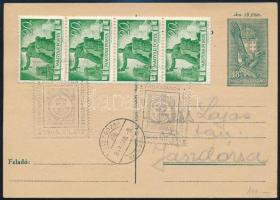 1946 (5. díjszabás) Díjjegyes levelezőlap újjáépítés 20P négyescsíkkal és alkalmi bélyegzéssel