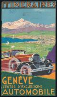 cca 1920-1930 Genéve Centre d'Excurisons Automobile Itinéraires, fekete-fehér fotókkal illusztrált, francia nyelvű utazási prospektus. Genéve, Atar-ny., a borítón (kétoldalas) art-deco illusztrációval, az utolsó lap hiányzik, 48 p.