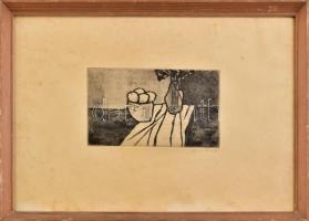 Kádár György (1912-2002): Csendélet. Rézkarc, papír, jelzett. Lap széle kissé foltos. Üvegezett fakeretben. 12x20 cm